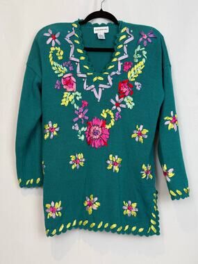 Vintage Suburbans Teal Ribbon Embroidery Floral Pearl Knit Sweater Size M